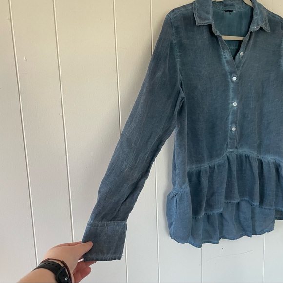 Women's Blue Button-Up Ruffle Top - Picture 6 of 10